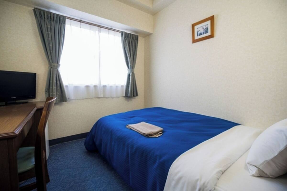 A hotel room with a single bed, a desk, a chair, a television, and a window with curtains.