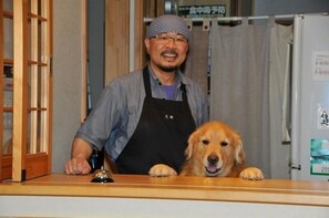 Une personne se tient derrière un comptoir, avec un chien.