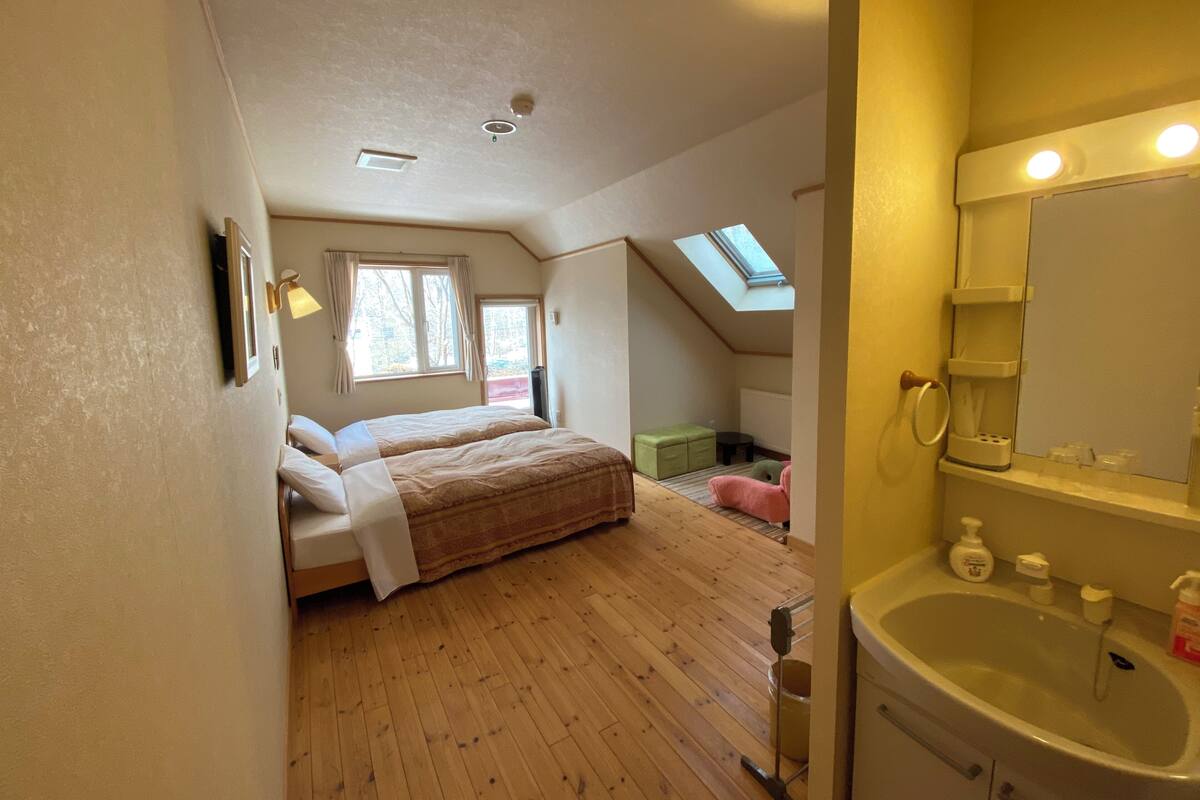 A bedroom with a bed, a skylight, a skylight, a window, a bathroom with a sink, and a mirror.