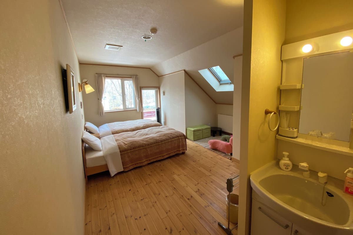 A bedroom with a bed, a skylight, a skylight, a window, a bathroom with a sink, and a mirror.