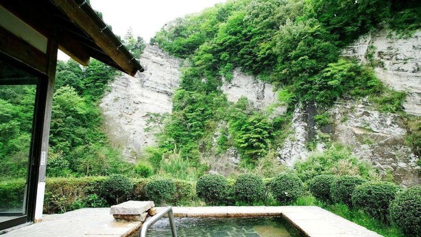A stone hot spring with a wooden roof, surrounded by lush greenery and a rocky cliff. - Hotel Silk Villa (Kimitsu)