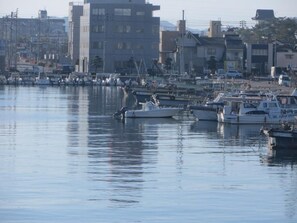 A marina with boats docked, surrounded by buildings.