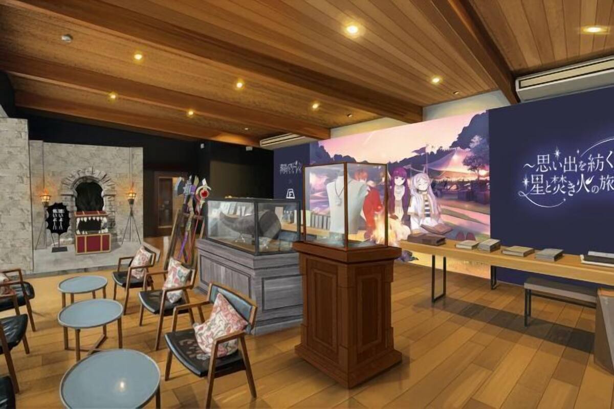 A lobby with a fireplace, seating area, and a display case.