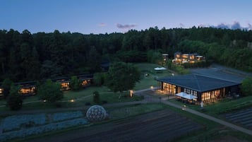 A hotel with multiple buildings, a large spherical structure, and a well-maintained garden.
