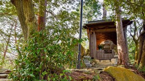 Un santuario japonés tradicional rodeado de exuberante vegetación.