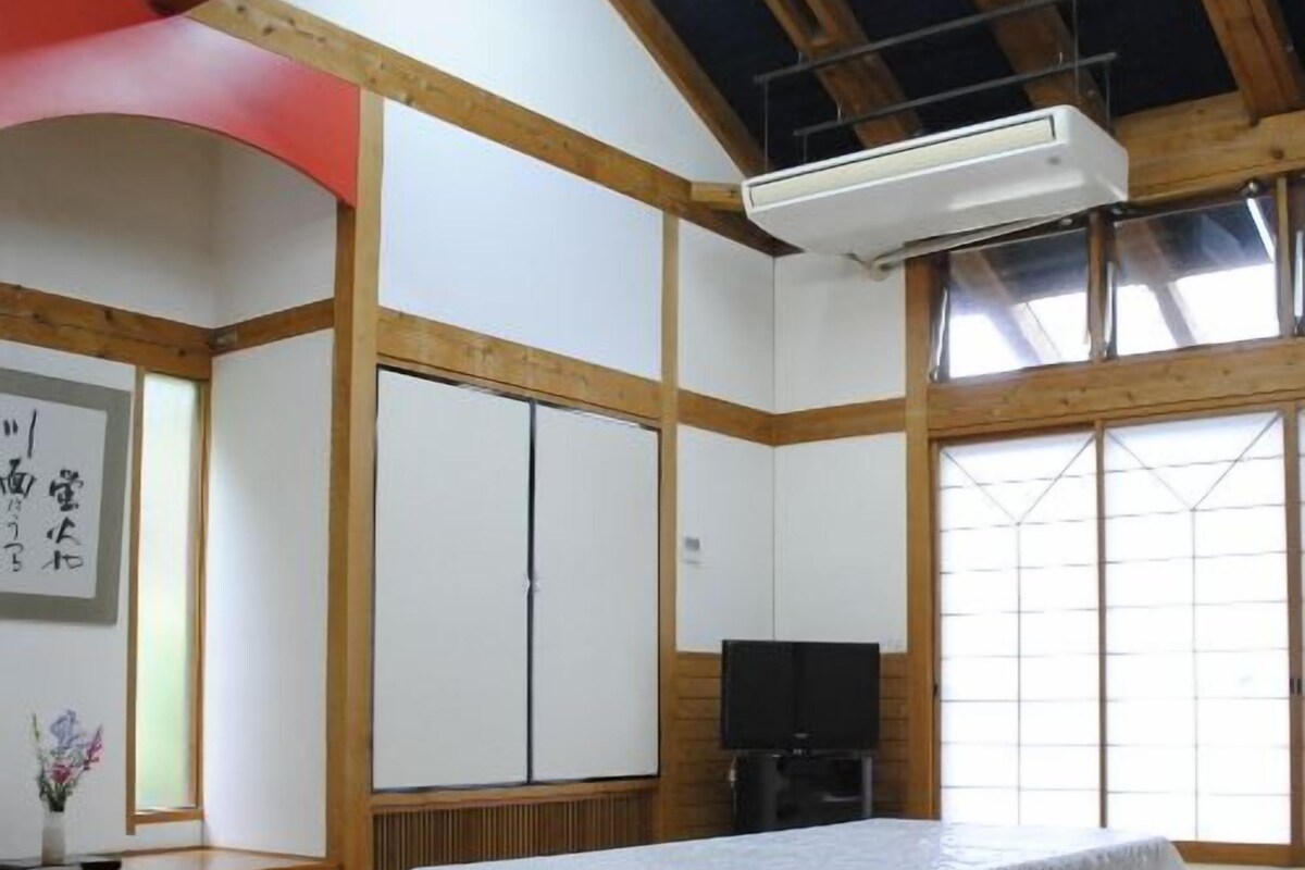 A tatami mat room with a tatami mat bed, a TV, and a sliding door.