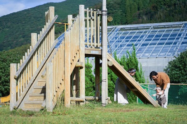 A wooden play structure with a slide and a climbing ladder, adjacent to a greenhouse with a transparent roof. - Kyoto Maizuru Fururu Farm Cottage (Maizuru)