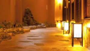 A hotel corridor with a wooden floor, a Christmas tree, and wall-mounted lights.