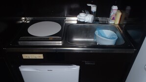 A compact kitchen with a sink, a dish drying rack, and a small trash bin.