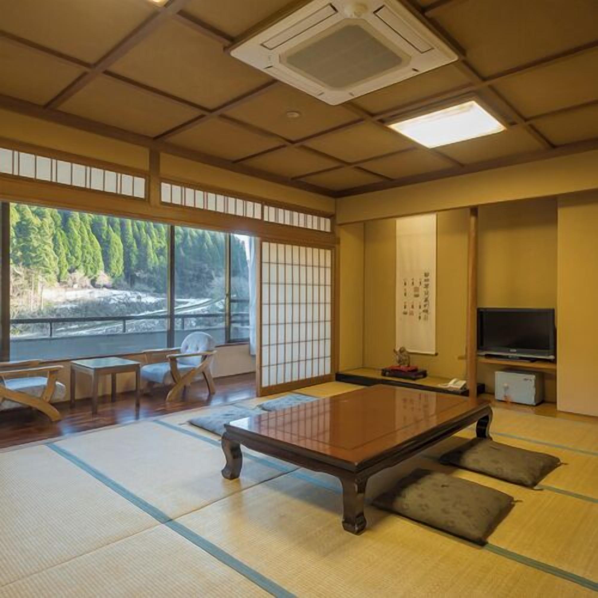 Een kamer met tatami matten, een tatami tafel, een televisie en uitzicht op een rivier.