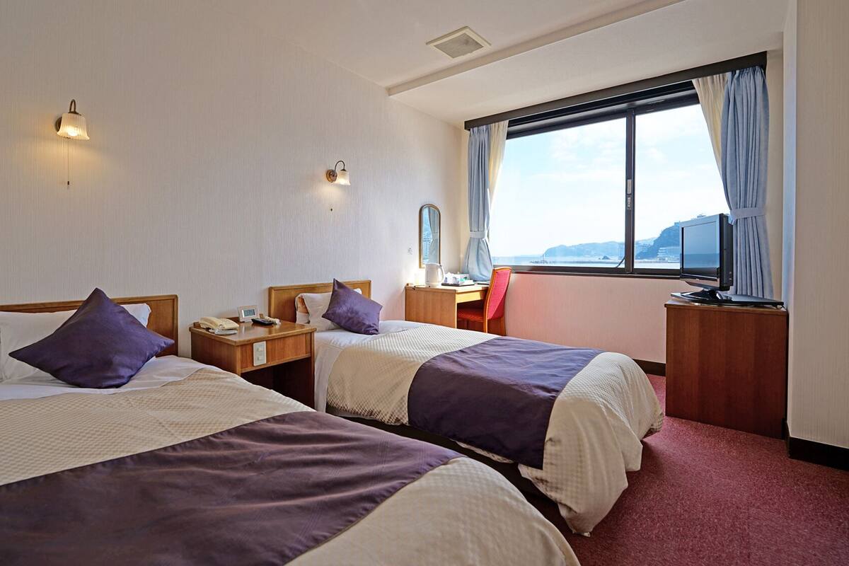 Een hotelkamer met twee bedden, een bureau, een stoel, een televisie en een raam met uitzicht.