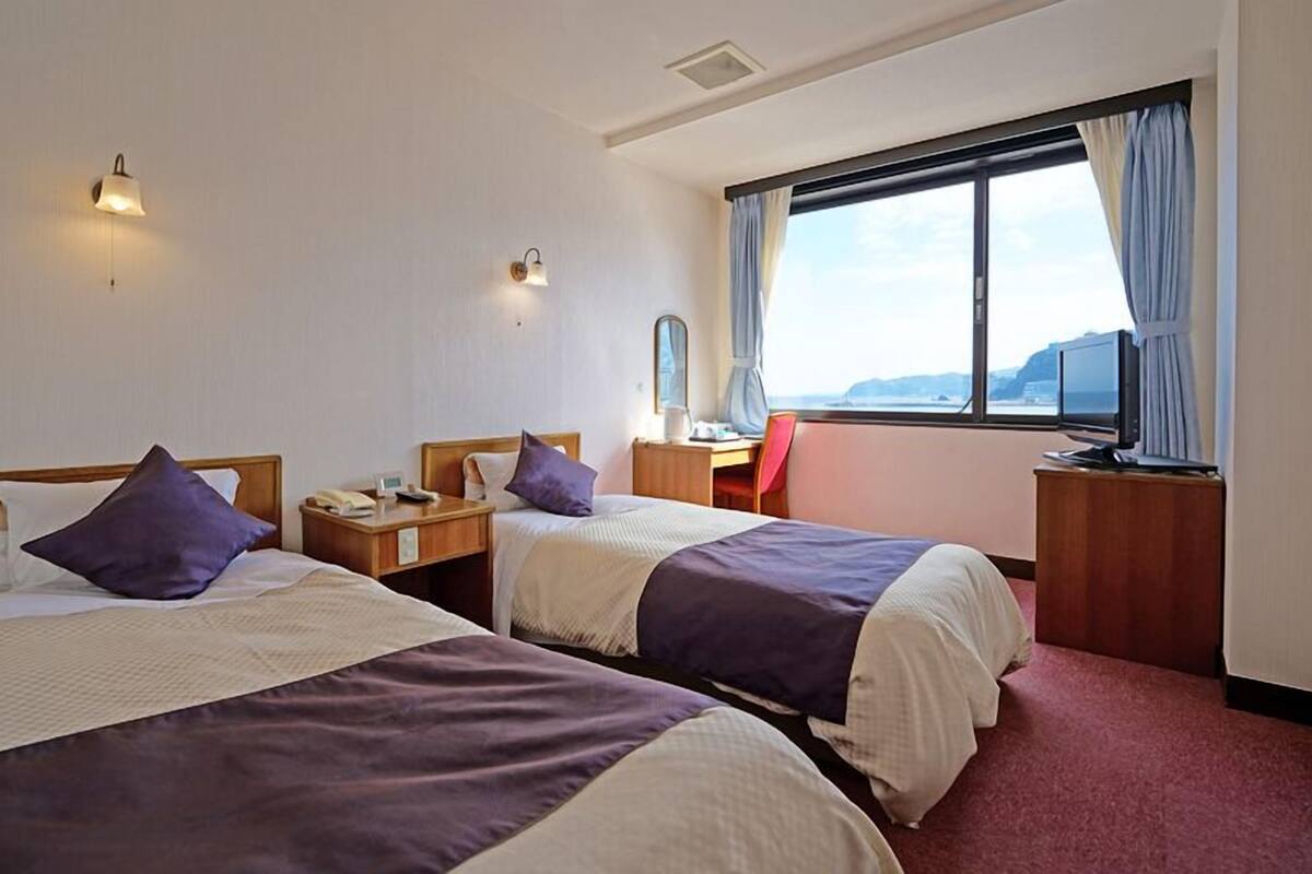 Een hotelkamer met twee bedden, een bureau, een stoel, een televisie en een raam met uitzicht.