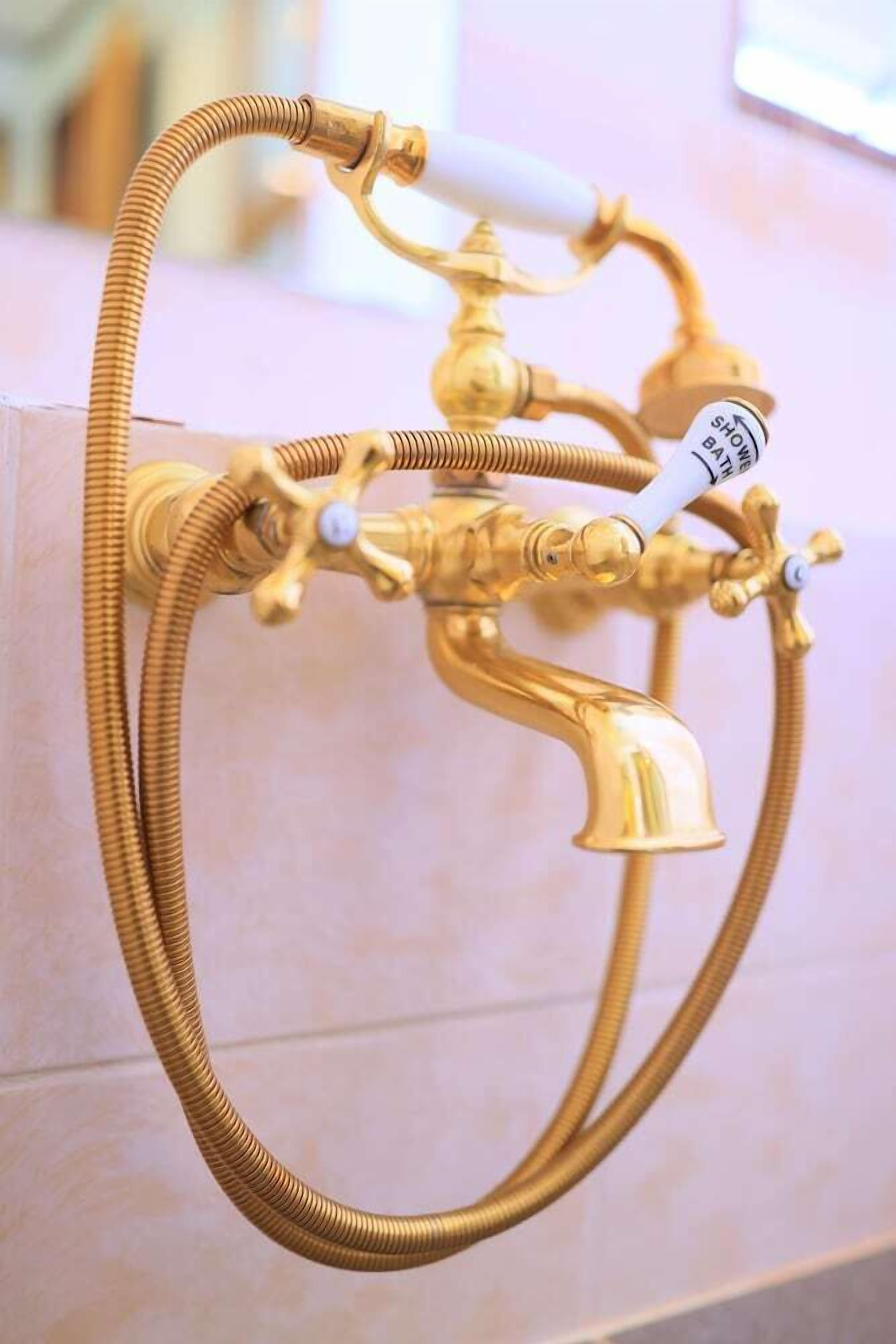 A gold-colored faucet with a flexible hose attached, likely for a shower or sink.