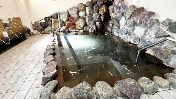 Ein Schwimmbecken mit Felsbord und Fliesenboden.
