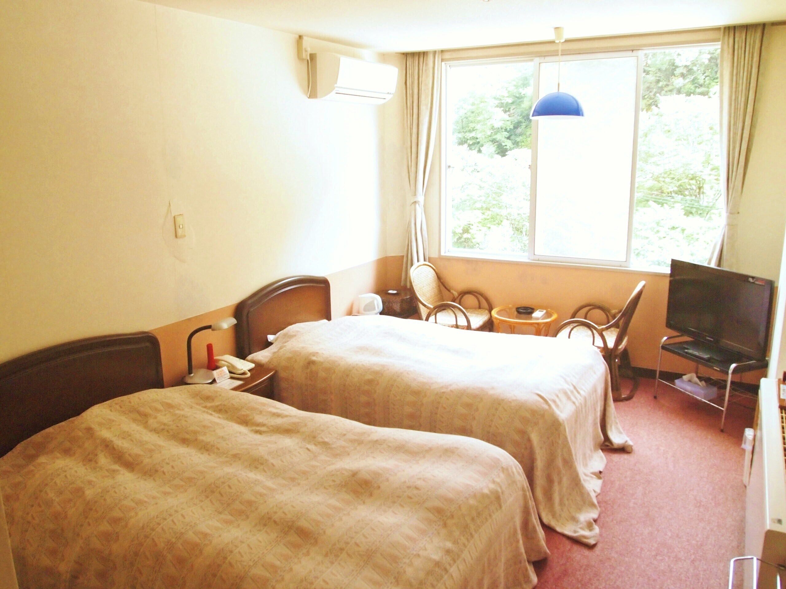 A hotel room with two beds, a TV, a small table, and a window with a view of greenery.