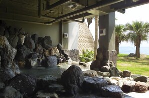 A rock garden with a water feature, palm trees, and a view of the sea.