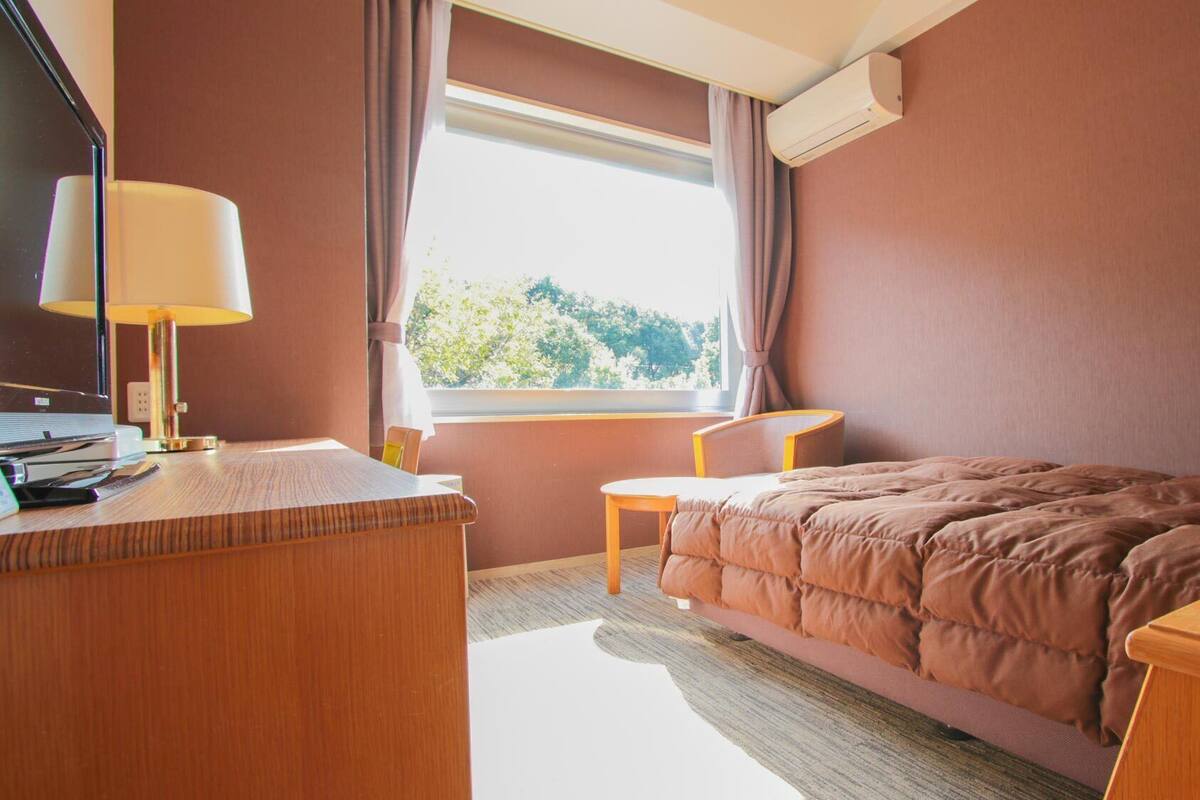 A hotel room with a bed, a desk with a lamp, a chair, and a window with curtains.