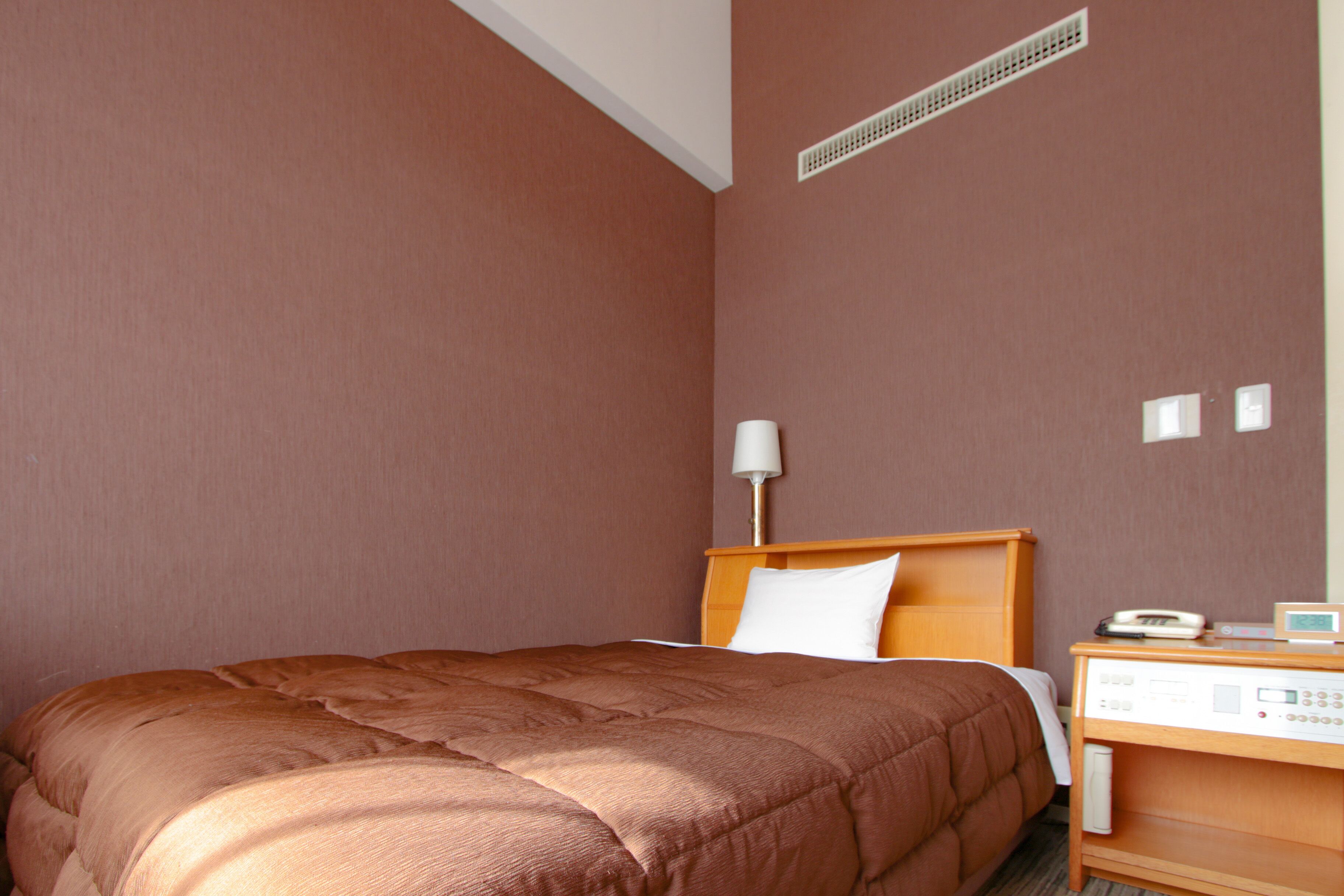 A hotel room with a single bed, a bedside table with a lamp, a phone, and a control panel.