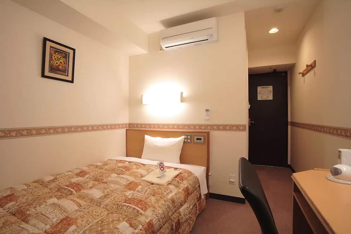 A hotel room with a bed, a desk, a chair, an air conditioner, and a framed picture on the wall.