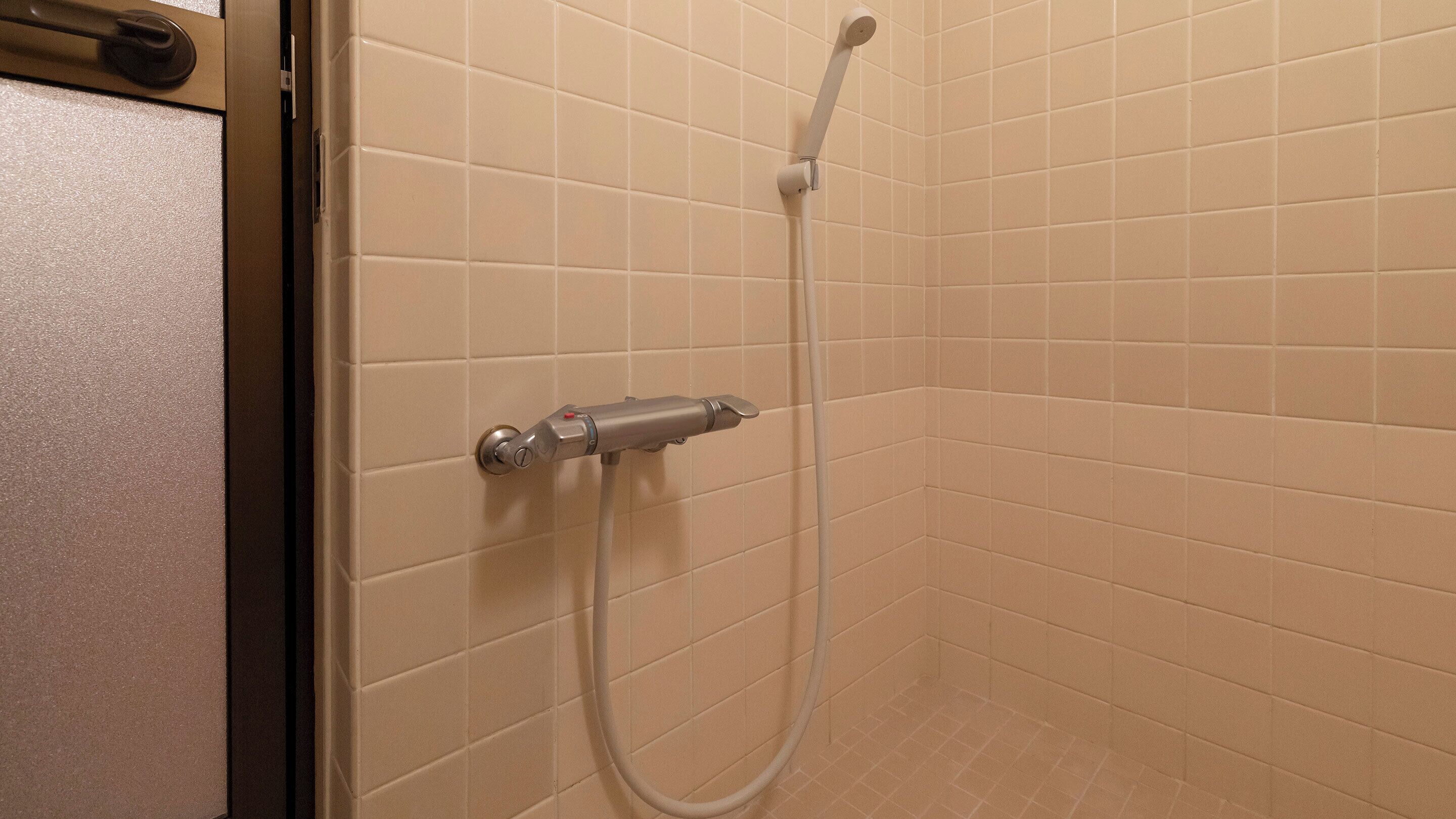 A shower with a handheld showerhead and a wall-mounted control valve.