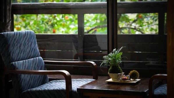 Una habitación con ventana, una silla, una pequeña mesa con una planta, y una maceta en el alféizar.