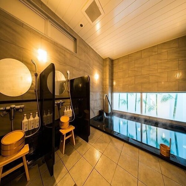 A modern bathroom with a large mirror, two sinks, and a steam shower. - Sekishuu no Yu Super Hotel Gotsu Ekimae (Gotsu)