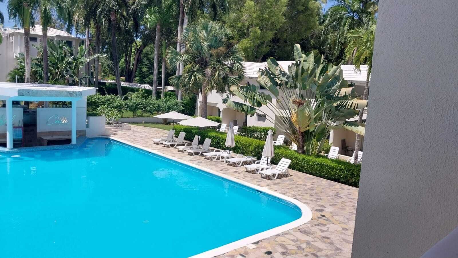 Zwembad met ligbedden en parasols, omringd door palmbomen en een gebouw met de tekst 