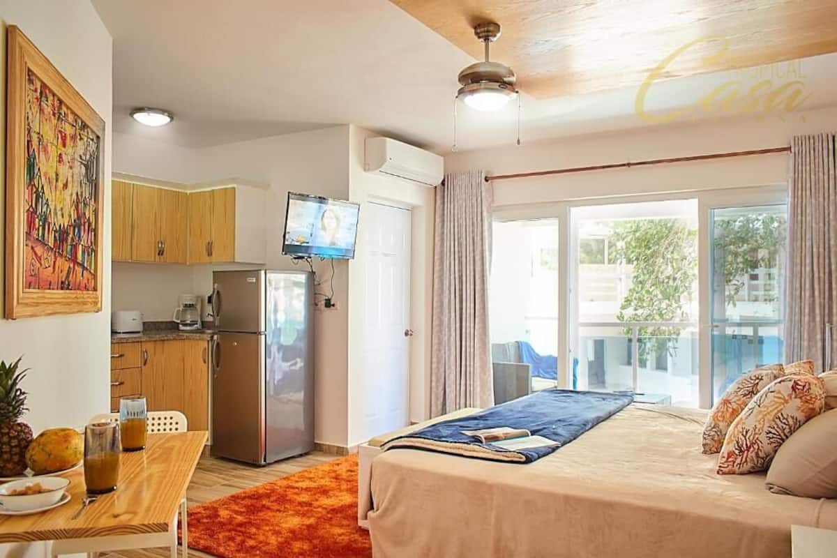 A bedroom with a bed, a TV, a kitchen area, and a balcony.