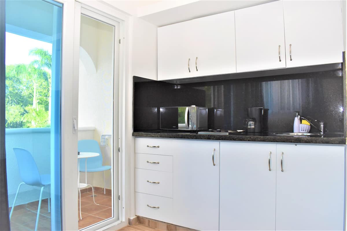 superior studio, kitchen, pool view | private kitchenette