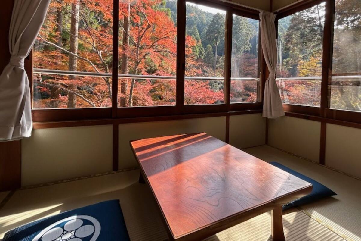 Una habitación de tatami con una mesa baja y cojines, ventanas amplias con cortinas y vistas a árboles otoñales.