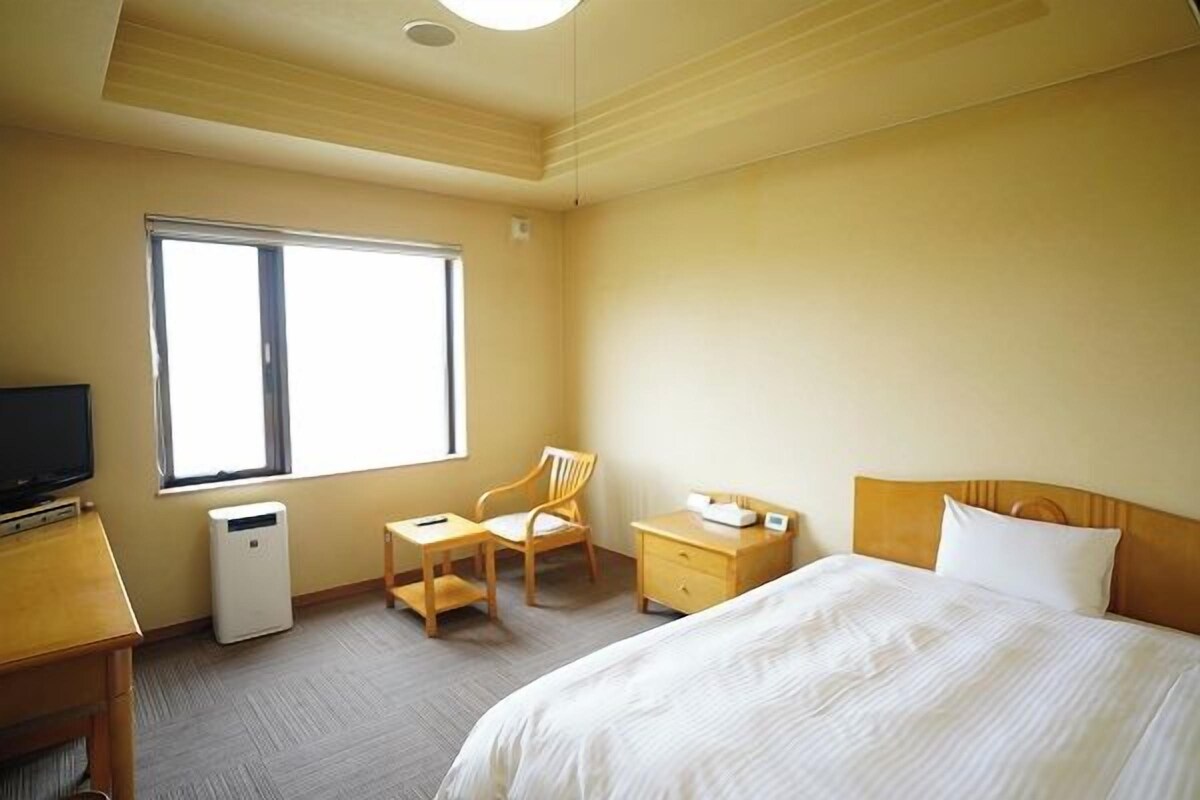 A hotel room with a bed, a desk, a chair, a nightstand, and a window.