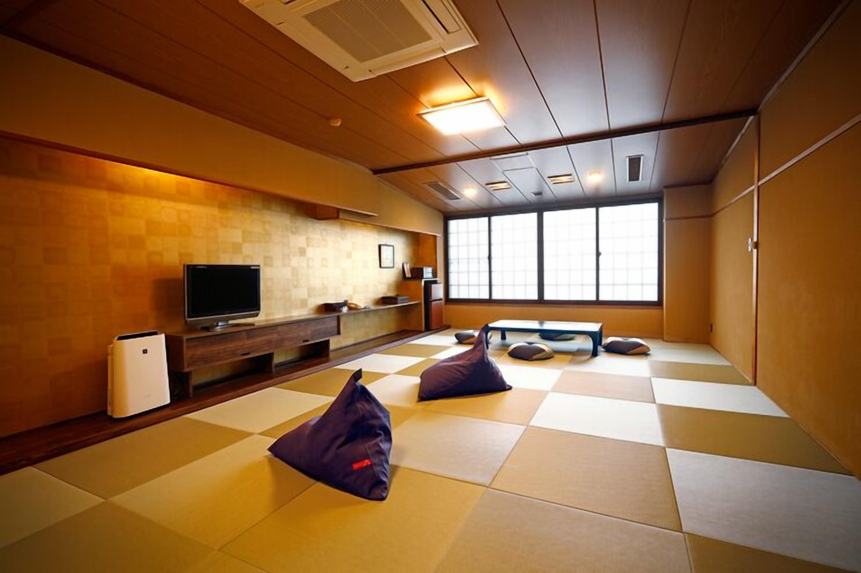 A room with tatami mats, a television, and a window with a view.