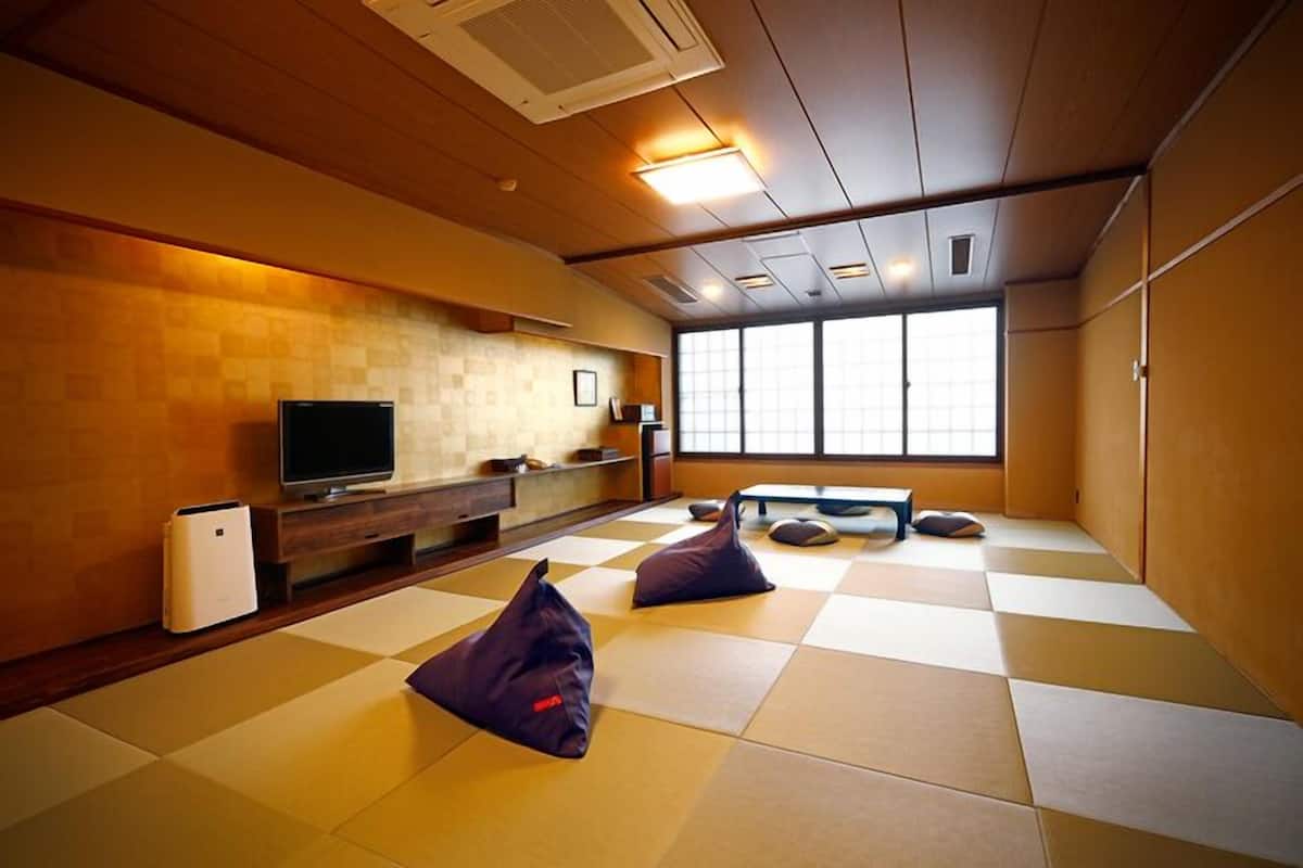 Una habitación con esteras de tatami, un televisor y una ventana con vistas.