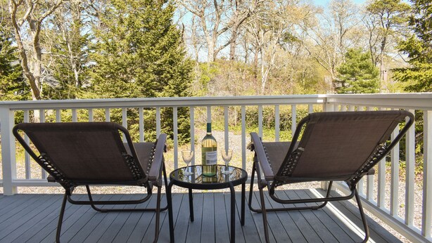 Une terrasse en bois avec deux chaises en métal et une table en verre, donnant sur une zone boisée.