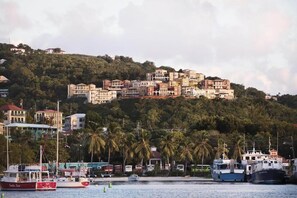 A coastal town with buildings on a hillside, boats docked at the marina, and palm trees along the waterfront.