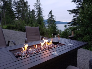 Fire table on patio at sunset