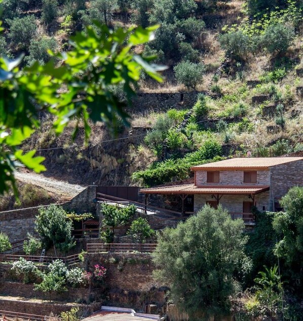 A stone house with a tiled roof, surrounded by lush greenery and a steep hillside.