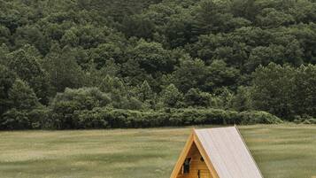 A wooden triangular structure in a grassy field with a forested hill in the background.