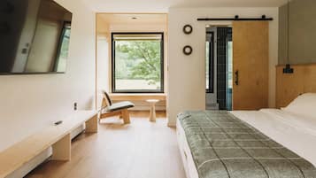 Premium bedding, memory foam beds, desk, laptop workspace