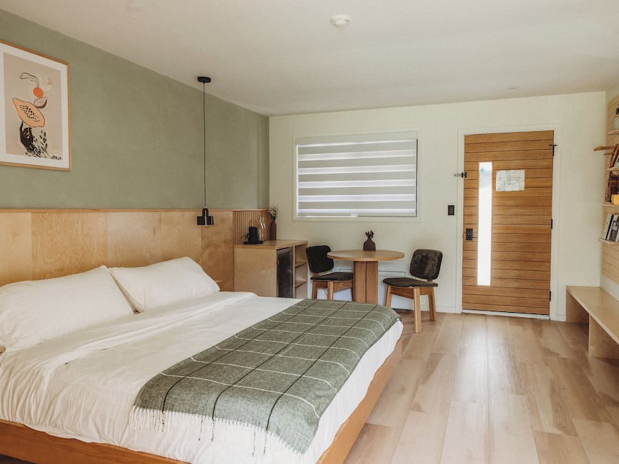 Premium bedding, memory foam beds, desk, laptop workspace