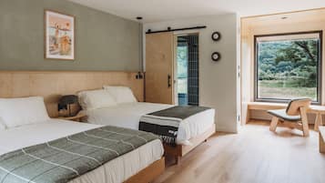 Premium bedding, memory foam beds, desk, laptop workspace
