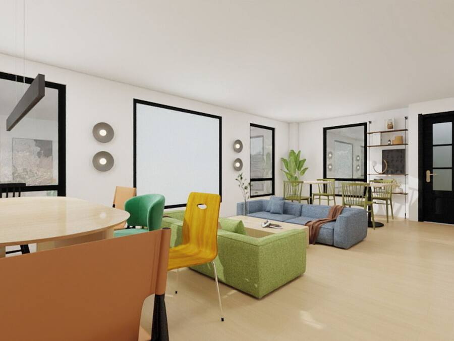 A modern living room with a dining area, a sofa set, and a coffee table.