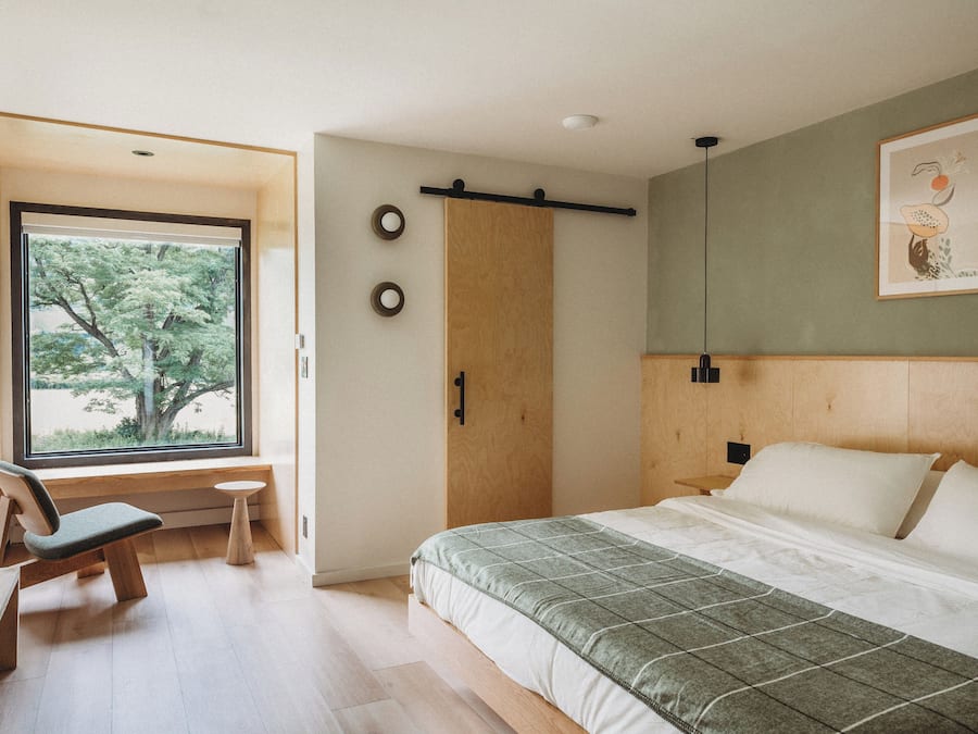 Premium bedding, memory foam beds, desk, laptop workspace