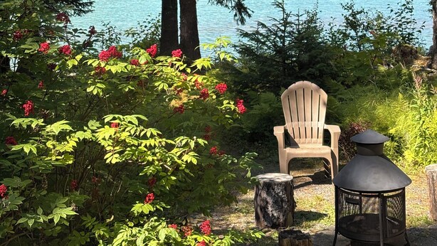 Une vue sur le lac, avec une chaise et une lanterne, le tout entouré d’arbres et de fleurs rouges.
