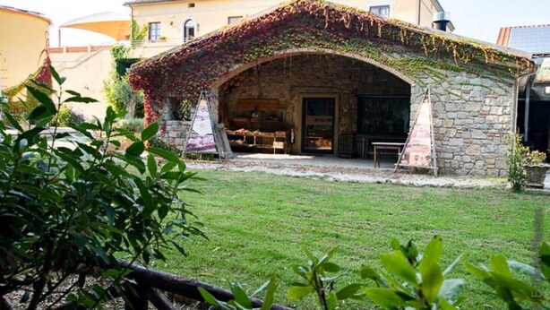 A stone building with a covered patio area, a grassy yard, and a small garden with plants in the foreground. - Agriturismo La Petrosa - Granaio Woe (Petrosa)