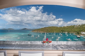 Your view sitting at the new granite bar on your balcony overlooking Cruz Bay.