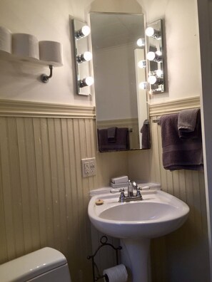 Hair dryer, towels, soap, toilet paper