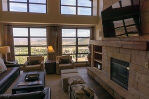 Televisión, chimenea y estéreo 