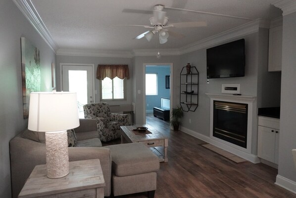 TV, fireplace