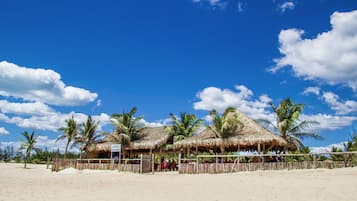 On the beach, free beach cabanas, beach bar